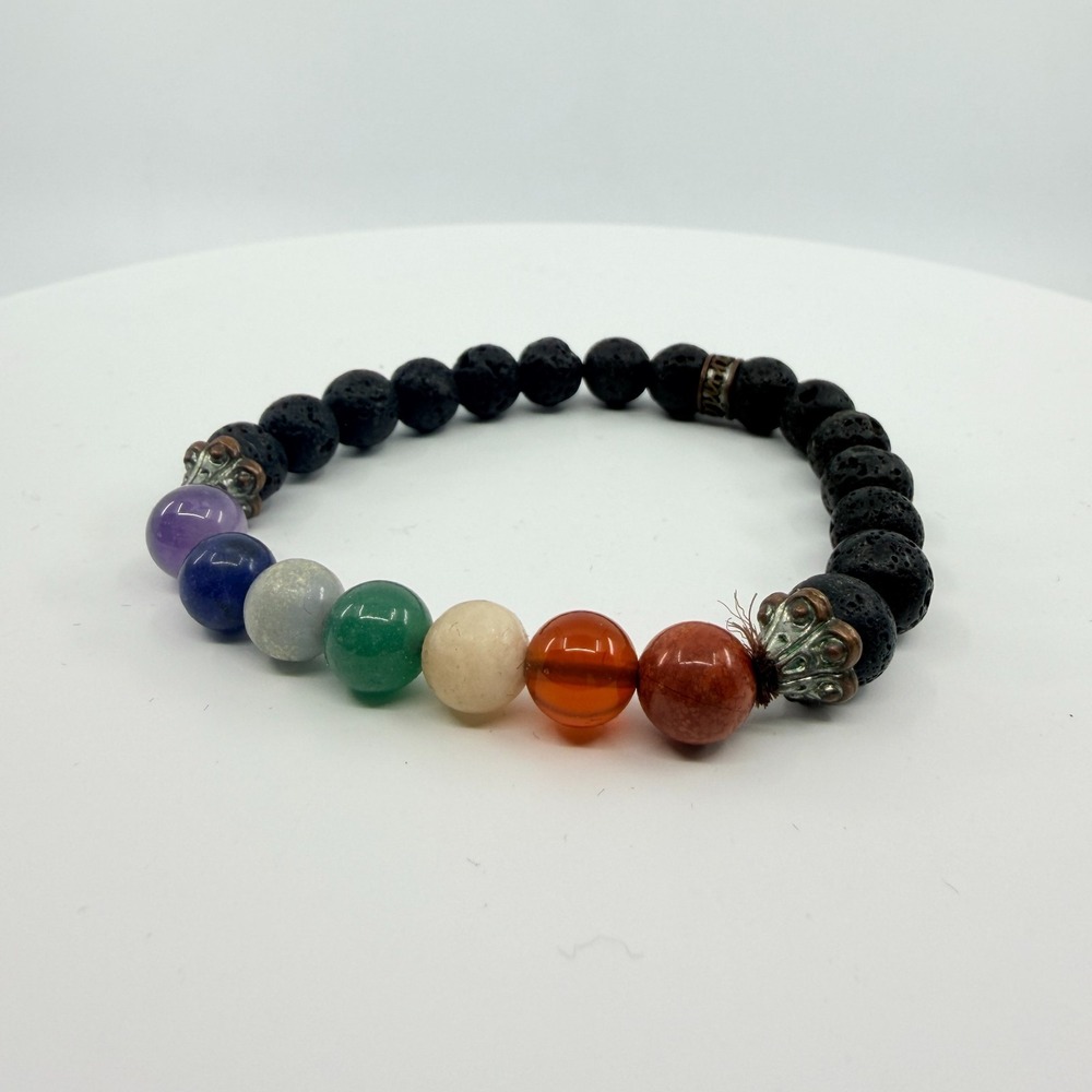 Vintage Bohemian 7 Chakra Lava Rock Stretch Beaded Healing Bracelet 90s